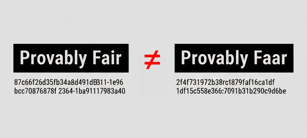 Text reading provably Fair with a hash created from it, a "not equal" dsign followed by text Provably Faar with the hash asssociated with it. The image shows how changing the seed changes the hash.